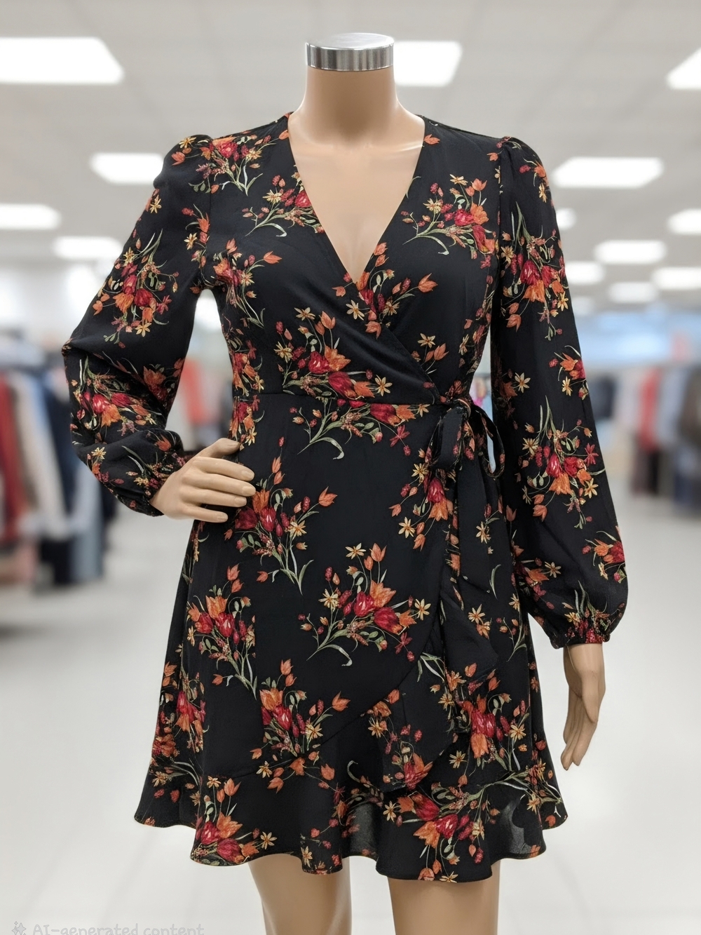 Mi AMI Floral Wrap Dress in Black with Red & Orange Blooms